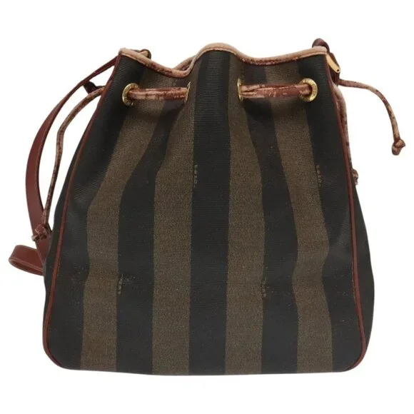 FENDI Pecan Canvas Shoulder Bag Brown Black Gold Auth 102701